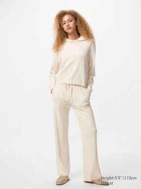 NEW! Uniqlo Women Washable Knit Cable Sweater + Pants Lounge Set White Size L